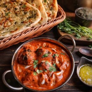 Close-up of flavorful butter chicken with garlic naan, capturing the essence of Indian cuisine.